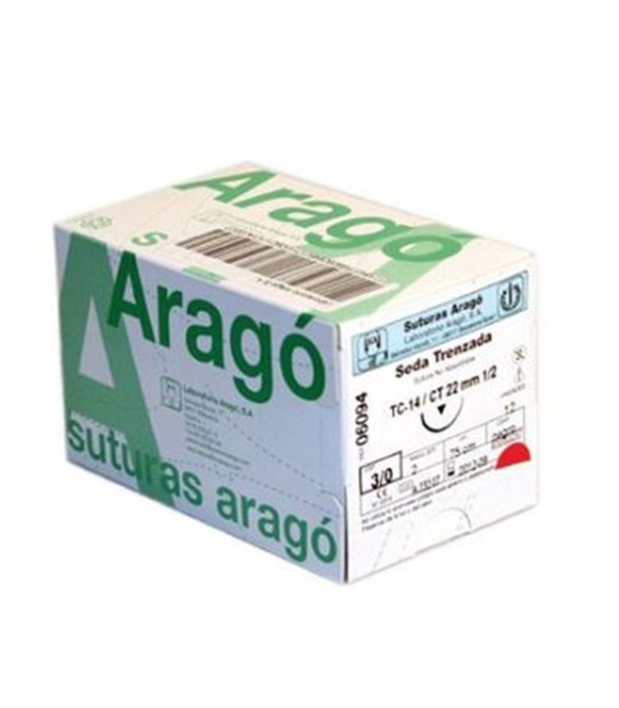 [015134] SUTURA SEDA NO ABSORBIBLE (12 UDS.) - ARAGO (3/0 AGUJA 1/2 C12 - 20MM, 75CM.)