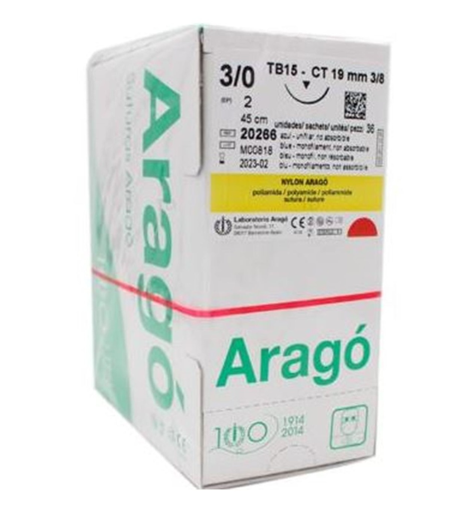 [015231] SUTURA NYLON AZUL (36 UN.) - ARAGO (6/0 AGUJA 3/8 TB12 - 16MM, 75CM.)